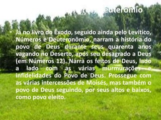 3. Levítico, Números, Deuterômio
• Já no livro do Êxodo, seguido ainda pelo Levítico,
Números e Deuteronômio, narram a história do
povo de Deus durante seus quarenta anos
vagando no Deserto, após seu desagrado a Deus
(em Números 12). Narra os feitos de Deus, lado
a lado com as várias murmurações e
infidelidades do Povo de Deus. Prossegue com
as várias intercessões de Moisés, mas também o
povo de Deus seguindo, por seus altos e baixos,
como povo eleito.
 