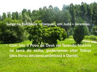 Surge na Babilônia – Ezequiel; em Judá – Jeremias.
• Com isto o Povo de Deus vai fazendo história
na terra do exílio, poderíamos citar Tobias
(dos livros deuterocanônicos) e Daniel.
 