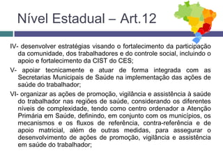 IV- desenvolver estratégias visando o fortalecimento da participação
da comunidade, dos trabalhadores e do controle social, incluindo o
apoio e fortalecimento da CIST do CES;
V- apoiar tecnicamente e atuar de forma integrada com as
Secretarias Municipais de Saúde na implementação das ações de
saúde do trabalhador;
VI- organizar as ações de promoção, vigilância e assistência à saúde
do trabalhador nas regiões de saúde, considerando os diferentes
níveis de complexidade, tendo como centro ordenador a Atenção
Primária em Saúde, definindo, em conjunto com os municípios, os
mecanismos e os fluxos de referência, contra-referência e de
apoio matricial, além de outras medidas, para assegurar o
desenvolvimento de ações de promoção, vigilância e assistência
em saúde do trabalhador;
Nível Estadual – Art.12
 