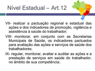 VII- realizar a pactuação regional e estadual das
ações e dos indicadores de promoção, vigilância e
assistência à saúde do trabalhador;
VIII- monitorar, em conjunto com as Secretarias
Municipais de Saúde, os indicadores pactuados
para avaliação das ações e serviços de saúde dos
trabalhadores;
IX- regular, monitorar, avaliar e auditar as ações e a
prestação de serviços em saúde do trabalhador,
no âmbito de sua competência;
Nível Estadual – Art.12
 