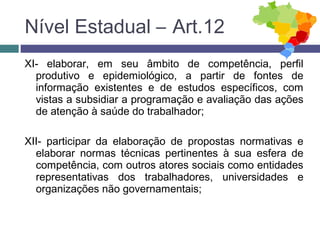 XI- elaborar, em seu âmbito de competência, perfil
produtivo e epidemiológico, a partir de fontes de
informação existentes e de estudos específicos, com
vistas a subsidiar a programação e avaliação das ações
de atenção à saúde do trabalhador;
XII- participar da elaboração de propostas normativas e
elaborar normas técnicas pertinentes à sua esfera de
competência, com outros atores sociais como entidades
representativas dos trabalhadores, universidades e
organizações não governamentais;
Nível Estadual – Art.12
 
