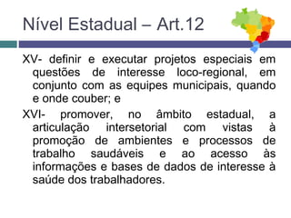 XV- definir e executar projetos especiais em
questões de interesse loco-regional, em
conjunto com as equipes municipais, quando
e onde couber; e
XVI- promover, no âmbito estadual, a
articulação intersetorial com vistas à
promoção de ambientes e processos de
trabalho saudáveis e ao acesso às
informações e bases de dados de interesse à
saúde dos trabalhadores.
Nível Estadual – Art.12
 