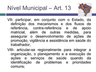 VII- participar, em conjunto com o Estado, da
definição dos mecanismos e dos fluxos de
referência, contra-referência e de apoio
matricial, além de outras medidas, para
assegurar o desenvolvimento de ações de
promoção, vigilância e assistência em saúde do
trabalhador;
VIII- articular-se regionalmente para integrar a
organização, o planejamento e a execução de
ações e serviços de saúde quando da
identificação de problemas e prioridades
comuns;
Nível Municipal – Art. 13
 