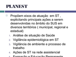 PLANEST
 Propõem eixos de atuação em ST ,
explicitando principais ações a serem
desenvolvidas no âmbito do SUS em
diversos territórios ( municipal, regional e
estadual)
1. Análise de situação de Saúde
2. Vigilância epidemiológica em ST
3. Vigilância de ambiente e processo de
trabalho
4. Ações de ST na rede assistencial
 