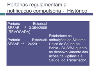 Portarias regulamentam a
notificação compulsória - Histórico
Portaria Estadual
SESAB nº 3.354/2008
(REVOGADA)
Portaria Estadual/
SESAB nº. 124/2011
Estabelece as
atribuições do Sistema
Único de Saúde na
Bahia - SUS/BA quanto
ao desenvolvimento das
ações de vigilância à
Saúde do Trabalhador.
 