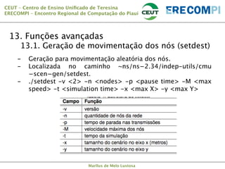 CEUT – Centro de Ensino Uniﬁcado de Teresina 
ERECOMPI – Encontro Regional de Computação do Piauí

13. Funções avançadas

13.1. Geração de movimentação dos nós (setdest)
- 
- 
- 

Geração para movimentação aleatória dos nós.
Localizada no caminho ~ns/ns−2.34/indep-utils/cmu
−scen−gen/setdest.
./setdest -v <2> -n <nodes> -p <pause time> -M <max
speed> -t <simulation time> -x <max X> -y <max Y>



Marllus de Melo Lustosa

 