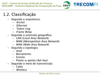 CEUT – Centro de Ensino Uniﬁcado de Teresina 
ERECOMPI – Encontro Regional de Computação do Piauí

1.2. Classiﬁcação
-  Segundo a arquitetura:
-  Arcnet
-  Ethernet
-  Token ring
-  Frame Relay
-  Segundo a extensão geográﬁca:
-  LAN (Local Area Network)
-  MAN (Metropolitan Area Network)
-  WAN (Wide Area Network)
-  Segundo a topologia:
-  Anel
-  Barramento
-  Estrela
-  Ponto-a-ponto (Ad-hoc)
-  Segundo o meio de transmissão:
-  Cabo
-  Wireless
Marllus de Melo Lustosa

 