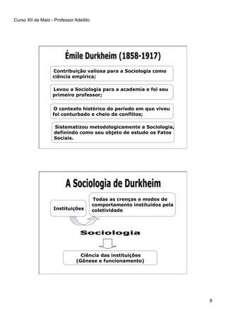 Curso XII de Maio - Professor Adeildo
9
Contribuição valiosa para a Sociologia como
ciência empírica;
Levou a Sociologia para a academia e foi seu
primeiro professor;
O contexto histórico do período em que viveu
foi conturbado e cheio de conflitos;
Sistematizou metodologicamente a Sociologia,
definindo como seu objeto de estudo os Fatos
Sociais.
Instituições
Todas as crenças e modos de
comportamento instituídos pela
coletividade
Ciência das instituições
(Gênese e funcionamento)
 