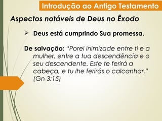 Introdução ao Antigo Testamento
Aspectos notáveis de Deus no Êxodo
 Deus está cumprindo Sua promessa.
De salvação: “Porei inimizade entre ti e a
mulher, entre a tua descendência e o
seu descendente. Este te ferirá a
cabeça, e tu lhe ferirás o calcanhar.”
(Gn 3:15)
 