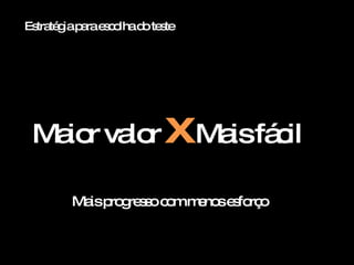 Maior valor  x  Mais fácil Mais progresso com menos esforço Estrat égia para escolha do teste 