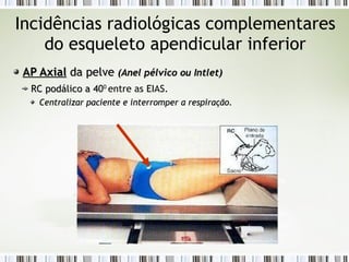 Incidências radiológicas complementares
do esqueleto apendicular inferior
AP Axial
AP Axial da pelve
da pelve (Anel pélvico ou In
(Anel pélvico ou Intlet
tlet)
)
RC
RC podálico a 4
podálico a 400
entre as EIAS.
Centralizar paciente e interromper a respiração.
Centralizar paciente e interromper a respiração.
 