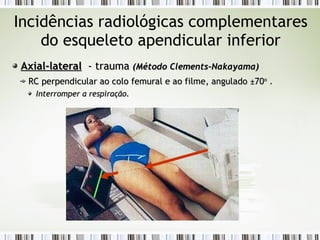 Incidências radiológicas complementares
do esqueleto apendicular inferior
Axial-lateral
Axial-lateral - trauma
- trauma (Método Clements-Nakayama)
(Método Clements-Nakayama)
RC
RC perpendicular ao colo femural e ao filme, angulado
perpendicular ao colo femural e ao filme, angulado ±
±70
70o
o
.
Interromper a respiração.
Interromper a respiração.
 