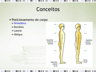 Conceitos
Posicionamento do corpo
Ortostático
Decúbito
Lateral
Oblíquo
 
