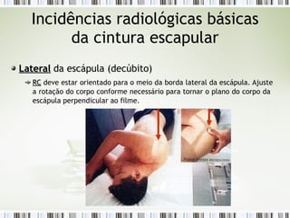 Incidências radiológicas básicas
da cintura escapular
Lateral
Lateral da escápula (decúbito)
RC
RC deve estar orientado para o meio da borda lateral da escápula. Ajuste
a rotação do corpo conforme necessário para tornar o plano do corpo da
escápula perpendicular ao filme.
 