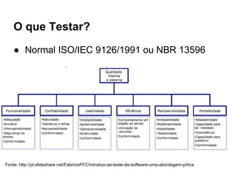 O que Testar?
● Normal ISO/IEC 9126/1991 ou NBR 13596
Fonte: http://pt.slideshare.net/FabricioFFC/introduo-ao-teste-de-software-uma-abordagem-prtica
 