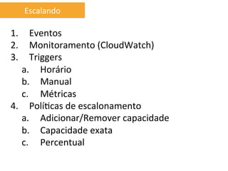 Escalando	
  

1.  Eventos	
  
2.  Monitoramento	
  (CloudWatch)	
  
3.  Triggers	
  	
  
   a.  Horário	
  
   b.  Manual	
  
   c.  Métricas	
  
4.  PolíIcas	
  de	
  escalonamento	
  
   a.  Adicionar/Remover	
  capacidade	
  
   b.  Capacidade	
  exata	
  
   c.  Percentual	
  
 