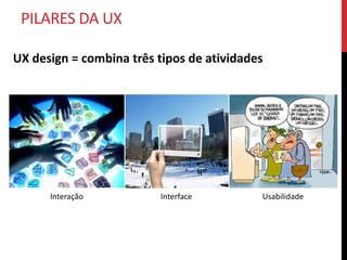 ENTÃO...O QUE É UX?

Experiência de Usuário (UX) é um termo para o nível de satisfação geral dos
usuários enquanto usam o seu produto ou sistema.




UX = soma de uma série de interações


Experiência de Usuário (UX) representa
a percepção deixada na mente das
pessoas depois de uma série de
interações entre as pessoas, objetos e
eventos – ou uma combinação entre
eles.
 