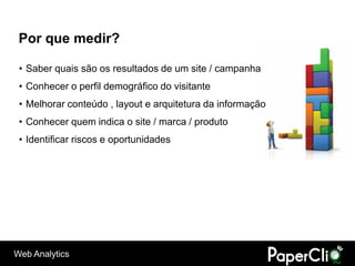 Por que medir?

 • Saber quais são os resultados de um site / campanha
 • Conhecer o perfil demográfico do visitante
 • Melhorar conteúdo , layout e arquitetura da informação
 • Conhecer quem indica o site / marca / produto
 • Identificar riscos e oportunidades




Web Analytics
 