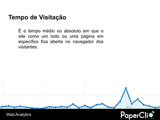 Tempo de Visitação

      É o tempo médio ou absoluto em que o
      site como um todo ou uma página em
      específico fica aberta no navegador dos
      visitantes.




Web Analytics
 