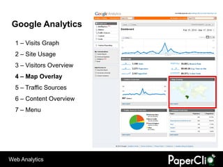 Google Analytics

  1 – Visits Graph
  2 – Site Usage
  3 – Visitors Overview
  4 – Map Overlay
  5 – Traffic Sources
  6 – Content Overview
  7 – Menu




Web Analytics
 