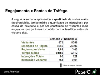 Engajamento x Fontes de Tráfego

      A segunda semana apresentou a qualidade de visitas maior
      (páginas/visita, tempo médio e quantidade de interações), por
      causa da novidade e por ser constituída de visitantes mais
      engajados que já tiveram contato com a temática antes de
      visitar o site:.




                                               Média de interação 10x maior.



Web Analytics
 