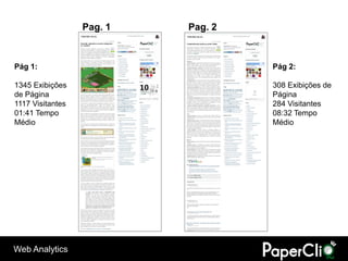 Pag. 1   Pag. 2



Pág 1:                              Pág 2:

1345 Exibições                      308 Exibições de
de Página                           Página
1117 Visitantes                     284 Visitantes
01:41 Tempo                         08:32 Tempo
Médio                               Médio




Web Analytics
 