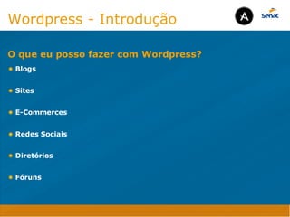 Camadas Web
Tableless é a forma de desenvolvimento de sites que não
utiliza tabelas para dispor o conteúdo na página.

Ela compreende que os códigos HTMLs devem ser usados para
o propósito que foram criados, sendo que tabelas foram 
criadas para exibir dados
Tableless 



Camadas Web
Exemplo:



Camadas Web
• Seletor: é o elemento HTML identificado por sua tag, classe, ID, etc., e para o qual a regra
será válida (por exemplo: p, h1, form, .minhaclasse, etc...);

• Propriedade: é o atributo do elemento HTML ao qual será aplicada a regra (por exemplo:
font, color, background, etc...)

• Valor: é a característica específica a ser assumida pela propriedade (por exemplo: letra tipo
arial, cor azul, fundo verde, etc...)
seletor { propriedade: valor; }



Camadas Web
O CSS foi uma revolução no design para web. 

- controle do layout de vários documentos a partir de uma simples folha de estilos;
- controle preciso do layout;
- aplicação de diferentes layouts para diferentes mídias (tela, impressora, celular, etc.);
- avançadas técnicas de desenvolvimento
- separa a estrutura do design
- agilidade e peformace
Camadas Web
CSS - Cascading Style Sheets
(folha de estilos em cascata)
Camadas Web
Algumas tags HTML:

• span
• header
• h1...h6
• table
• form
• footer
• article
• address
Camadas Web
Algumas tags HTML:

• html
• head
• body
• title
• a
• img
• p
• div
Camadas Web
HTML é semântica não é design
Wordpress - Introdução
• Blogs

• Sites

• E-Commerces

• Redes Sociais

• Diretórios

• Fóruns
O que eu posso fazer com Wordpress?
Java Script DINAMISMO
FORMA
CONTEÚDO
CSS
HTML
Camadas WebCamadas Web
Desenvolvimento Web
David Arty
Camadas Web
Tableless é a forma de desenvolvimento de sites que não
utiliza tabelas para dispor o conteúdo na página.

Ela compreende que os códigos HTMLs devem ser usados para
o propósito que foram criados, sendo que tabelas foram 
criadas para exibir dados
Tableless 



Camadas Web
Exemplo:



Camadas Web
• Seletor: é o elemento HTML identificado por sua tag, classe, ID, etc., e para o qual a regra
será válida (por exemplo: p, h1, form, .minhaclasse, etc...);

• Propriedade: é o atributo do elemento HTML ao qual será aplicada a regra (por exemplo:
font, color, background, etc...)

• Valor: é a característica específica a ser assumida pela propriedade (por exemplo: letra tipo
arial, cor azul, fundo verde, etc...)
seletor { propriedade: valor; }



Camadas Web
O CSS foi uma revolução no design para web. 

- controle do layout de vários documentos a partir de uma simples folha de estilos;
- controle preciso do layout;
- aplicação de diferentes layouts para diferentes mídias (tela, impressora, celular, etc.);
- avançadas técnicas de desenvolvimento
- separa a estrutura do design
- agilidade e peformace
Camadas Web
CSS - Cascading Style Sheets
(folha de estilos em cascata)
Camadas Web
Algumas tags HTML:

• span
• header
• h1...h6
• table
• form
• footer
• article
• address
Camadas Web
Algumas tags HTML:

• html
• head
• body
• title
• a
• img
• p
• div
Camadas Web
HTML é semântica não é design
Wordpress - Introdução
• Blogs

• Sites

• E-Commerces

• Redes Sociais

• Diretórios

• Fóruns
O que eu posso fazer com Wordpress?
Java Script DINAMISMO
FORMA
CONTEÚDO
CSS
HTML
Camadas WebCamadas Web
Desenvolvimento Web
David Arty
 