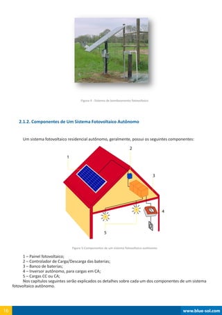 www.blue-sol.com16 www.blue-sol.com16
Figura 4 - Sistema de bombeamento fotovoltaico
2.1.2. Componentes de Um Sistema Fotovoltaico Autônomo
Um sistema fotovoltaico residencial autônomo, geralmente, possui os seguintes componentes:
1
2
3
4
5
Figura 5-Componentes de um sistema fotovoltaico autônomo
1 – Painel fotovoltaico;
2 – Controlador de Carga/Descarga das baterias;
3 – Banco de baterias;
4 – Inversor autônomo, para cargas em CA;
5 – Cargas CC ou CA;
Nos capítulos seguintes serão explicados os detalhes sobre cada um dos componentes de um sistema
fotovoltaico autônomo.
 