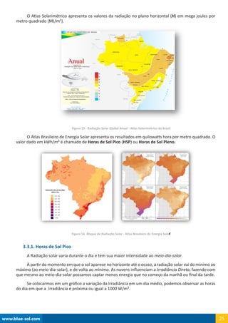 www.blue-sol.com 25
O Atlas Solarimétrico apresenta os valores da radiação no plano horizontal (H) em mega joules por
metro quadrado (MJ/m²).
Figura 15 - Radiação Solar Global Anual - Atlas Solarimétrico do Brasil
O Atlas Brasileiro de Energia Solar apresenta os resultados em quilowatts hora por metro quadrado. O
valor dado em kWh/m² é chamado de Horas de Sol Pico (HSP) ou Horas de Sol Pleno.
Figura 16 -Mapas de Radiação Solar - Atlas Brasileiro de Energia Solar
3.3.1. Horas de Sol Pico
A Radiação solar varia durante o dia e tem sua maior intensidade ao meio-dia-solar.
À partir do momento em que o sol aparece no horizonte até o ocaso, a radiação solar vai do mínimo ao
máximo (ao meio-dia-solar), e de volta ao mínimo. As nuvens influenciam a Irradiância Direta, fazendo com
que mesmo ao meio-dia-solar possamos captar menos energia que no começo da manhã ou final da tarde.
Se colocarmos em um gráfico a variação da Irradiância em um dia médio, podemos observar as horas
do dia em que a Irradiância é próxima ou igual a 1000 W/m².
 