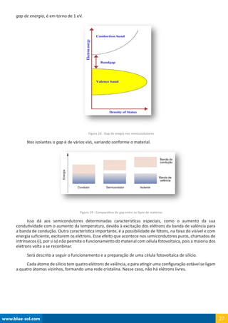 www.blue-sol.com 27
gap de energia, é em torno de 1 eV.
Figura 18 - Gap de enegia nos semicondutores
Nos isolantes o gap é de vários eVs, variando conforme o material.
Figura 19 - Comparativo do gap entre os tipos de matérias
Isso dá aos semicondutores determinadas características especiais, como o aumento da sua
condutividade com o aumento da temperatura, devido à excitação dos elétrons da banda de valência para
a banda de condução. Outra característica importante, é a possibilidade de fótons, na faixa do visível e com
energia suficiente, excitarem os elétrons. Esse efeito que acontece nos semicondutores puros, chamados de
intrínsecos (i), por si só não permite o funcionamento do material com célula fotovoltaica, pois a maioria dos
elétrons volta a se reconbinar.
Será descrito a seguir o funcionamento e a preparação de uma célula fotovoltaica de silício.
Cada átomo de silício tem quatro elétrons de valência, e para atingir uma configuração estável se ligam
a quatro átomos vizinhos, formando uma rede cristalina. Nesse caso, não há elétrons livres.
 