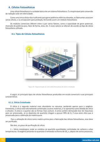 www.blue-sol.com32 www.blue-sol.com32
4.	Células Fotovoltaicas
Uma célula fotovoltaica é a unidade básica de um sistema fotovoltaico. É a responsável pela conversão
da radiação solar em eletricidade.
Como uma única célula não ésuficientepara gerarpotências elétricas elevadas, os fabricantesassociam
várias células, e as encapsulam para proteção, formando assim um módulo fotovoltaico.
Os módulos comerciais diferem entre si por vários fatores, como a capacidade de gerar potencial,
chamado de potência-pico, fator de forma, área, etc. E esses valores se alteram de acordo ao tipo de célula
fotovoltaica utilizada.
4.1. Tipos de Células fotovoltaicas
Figura 25 - Representação de uma célula fotovoltaica de silício cristalizado
A seguir, os principais tipos de células fotovoltaicas produzidas em escala comercial e suas principais
características.
4.1.1. Silício Cristalizado
O silício é o segundo material mais abundante na natureza, perdendo apenas para o oxigênio.
Entretanto, o silício está naturalmente combinado a outros materiais, e se apresenta como dióxido de silício
e silicatos. A areia e o quartzo são as formas mais comuns. A areia contém demasiado teor de impurezas
para ser processada., já os depósitos de quartzito chegam a possuir 99% de Si. É essa areia sílica que é
processada para a obtenção da matéria pura.
Para a utilização do silício como matéria prima para a fabricação das células fotovoltaicas, esse deve
ser purificado.
São dois, os graus de purificação do silício:
1 – Silício metalúrgico, onde se combina ao quartzito quantidades controladas de carbono a altas
temperaturas. O oxigênio presente no quartzito é removido na forma de CO2
e, depois de outros processos,
 