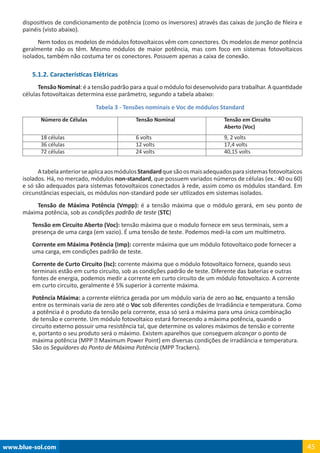 www.blue-sol.com 45
dispositivos de condicionamento de potência (como os inversores) através das caixas de junção de fileira e
painéis (visto abaixo).
Nem todos os modelos de módulos fotovoltaicos vêm com conectores. Os modelos de menor potência
geralmente não os têm. Mesmo módulos de maior potência, mas com foco em sistemas fotovoltaicos
isolados, também não costuma ter os conectores. Possuem apenas a caixa de conexão.
5.1.2. Características Elétricas
Tensão Nominal: é a tensão padrão para a qual o módulo foi desenvolvido para trabalhar. A quantidade
células fotovoltaicas determina esse parâmetro, segundo a tabela abaixo:
Tabela 3 - Tensões nominais e Voc de módulos Standard
Número de Células Tensão Nominal Tensão em Circuito
Aberto (Voc)
18 células 6 volts 9, 2 volts
36 células 12 volts 17,4 volts
72 células 24 volts 40,15 volts
AtabelaanteriorseaplicaaosmódulosStandardquesãoosmaisadequadosparasistemasfotovoltaicos
isolados. Há, no mercado, módulos non-standard, que possuem variados números de células (ex.: 40 ou 60)
e só são adequados para sistemas fotovoltaicos conectados à rede, assim como os módulos standard. Em
circunstâncias especiais, os módulos non-standard pode ser utilizados em sistemas isolados.
Tensão de Máxima Potência (Vmpp): é a tensão máxima que o módulo gerará, em seu ponto de
máxima potência, sob as condições padrão de teste (STC)
Tensão em Circuito Aberto (Voc): tensão máxima que o modulo fornece em seus terminais, sem a
presença de uma carga (em vazio). É uma tensão de teste. Podemos medi-la com um multímetro.
Corrente em Máxima Potência (Imp): corrente máxima que um módulo fotovoltaico pode fornecer a
uma carga, em condições padrão de teste.
Corrente de Curto Circuito (Isc): corrente máxima que o módulo fotovoltaico fornece, quando seus
terminais estão em curto circuito, sob as condições padrão de teste. Diferente das baterias e outras
fontes de energia, podemos medir a corrente em curto circuito de um módulo fotovoltaico. A corrente
em curto circuito, geralmente é 5% superior à corrente máxima.
Potência Máxima: a corrente elétrica gerada por um módulo varia de zero ao Isc, enquanto a tensão
entre os terminais varia de zero até o Voc sob diferentes condições de Irradiância e temperatura. Como
a potência é o produto da tensão pela corrente, essa só será a máxima para uma única combinação
de tensão e corrente. Um módulo fotovoltaico estará fornecendo a máxima potência, quando o
circuito externo possuir uma resistência tal, que determine os valores máximos de tensão e corrente
e, portanto o seu produto será o máximo. Existem aparelhos que conseguem alcançar o ponto de
máxima potência (MPP – Maximum Power Point) em diversas condições de irradiância e temperatura.
São os Seguidores do Ponto de Máxima Potência (MPP Trackers).
 