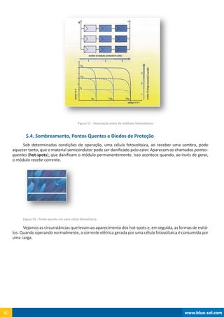www.blue-sol.com50 www.blue-sol.com50
Figura 52 - Associação mista de módulos fotovoltaicos
5.4. Sombreamento, Pontos Quentes e Diodos de Proteção
Sob determinadas condições de operação, uma célula fotovoltaica, ao receber uma sombra, pode
aquecer tanto, que o material semicondutor pode ser danificado pelo calor. Aparecem os chamados pontos-
quentes (hot-spots), que danificam o módulo permanentemente. Isso acontece quando, ao invés de gerar,
o módulo recebe corrente.
Figura 53 - Ponto-quente em uma célula fotovoltaica
Vejamos as circunstâncias que levam ao aparecimento dos hot-spots e, em seguida, as formas de evitá-
los. Quando operando normalmente, a corrente elétrica gerada por uma célula fotovoltaica é consumida por
uma carga.
 
