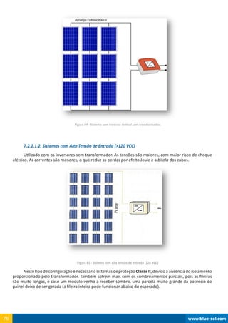 www.blue-sol.com76 www.blue-sol.com76
Figura 84 - Sistema com Inversor central com transformador.
7.2.2.1.2. Sistemas com Alta Tensão de Entrada (120 VCC)
Utilizado com os inversores sem transformador. As tensões são maiores, com maior risco de choque
elétrico. As correntes são menores, o que reduz as perdas por efeito Joule e a bitola dos cabos.
Figura 85 - Sistema com alta tensão de entrada (120 VCC)
NestetipodeconfiguraçãoénecessáriosistemasdeproteçãoClasseII,devidoàausênciadoisolamento
proporcionado pelo transformador. Também sofrem mais com os sombreamentos parciais, pois as fileiras
são muito longas, e caso um módulo venha a receber sombra, uma parcela muito grande da potência do
painel deixa de ser gerada (a fileira inteira pode funcionar abaixo do esperado).
 