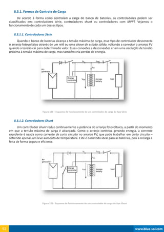 www.blue-sol.com92 www.blue-sol.com92
8.3.1. Formas de Controle de Carga
De acordo à forma como controlam a carga do banco de baterias, os controladores podem ser
classificados em: controladores série, controladores shunt ou controladores com MPPT. Vejamos o
funcionamento de cada um desses tipos.
8.3.1.1. Controladores Série
Quando o banco de baterias alcança a tensão máxima de carga, esse tipo de controlador desconecta
o arranjo fotovoltaico através de um relê ou uma chave de estado sólido, voltando a conectar o arranjo PV
quando a tensão cai para determinado valor. Essas conexões e desconexões criam uma oscilação de tensão
próxima à tensão máxima de carga, mas também cria perdas de energia.
Figura 100 – Esquema de funcionamento de um controlador de carga do tipo Série
8.3.1.2. Controladores Shunt
Um controlador shunt reduz continuamente a potência do arranjo fotovoltaico, a partir do momento
em que a tensão máxima de carga é alcançada. Como o arranjo continua gerando energia, a corrente
excedente é usada como corrente de curto circuito no arranjo PV, que pode trabalhar em curto circuito –
sofrendo apenas um leve aumento de temperatura. Este é o método ideal para as baterias, pois a recarga é
feita de forma segura e eficiente.
Figura 101 - Esquema de funcionamento de um controlador de carga do tipo Shunt
 