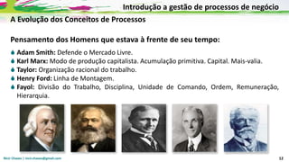 Nicir Chaves | nicir.chaves@gmail.com 12
A Evolução dos Conceitos de Processos
Pensamento dos Homens que estava à frente de seu tempo:
 Adam Smith: Defende o Mercado Livre.
 Karl Marx: Modo de produção capitalista. Acumulação primitiva. Capital. Mais-valia.
 Taylor: Organização racional do trabalho.
 Henry Ford: Linha de Montagem.
 Fayol: Divisão do Trabalho, Disciplina, Unidade de Comando, Ordem, Remuneração,
Hierarquia.
Introdução a gestão de processos de negócio
 