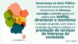 Nicir Chaves | nicir.chaves@gmail.com 20
Governança no Setor Público
compreende essencialmente os
mecanismos de liderança,
estratégia e controle postos em
prática para avaliar,
direcionar e monitorar
a atuação da gestão, com vistas à
condução de políticas públicas e à
prestação de serviços
de interesse da
sociedade.
(TCU, 2014)
 