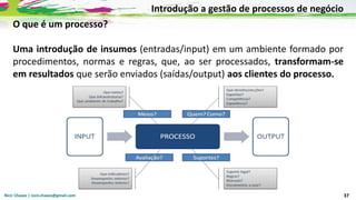 Nicir Chaves | nicir.chaves@gmail.com 37
O que é um processo?
Uma introdução de insumos (entradas/input) em um ambiente formado por
procedimentos, normas e regras, que, ao ser processados, transformam-se
em resultados que serão enviados (saídas/output) aos clientes do processo.
Introdução a gestão de processos de negócio
 