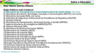 Nicir Chaves | nicir.chaves@gmail.com 4
Nicir Maria Gomes Chaves
Órgão Públicos onde Colaborei:
1) Ministério da Transparência e Controladoria-Geral da União (CGU), em curso.
2) Ministério de Ciência, Tecnologia, Inovação e Comunicações (MCTIC), em curso.
3) Ministério da Saúde (MS), em curso.
4) Gabinete de Segurança Institucional da Presidência da República (GSI/PR).
5) Senado Federal.
6) Ministério do Planejamento, Desenvolvimento e Gestão (MPDG).
7) Agência Brasileira de Inteligência (ABIN/GSI/PR).
8) Arquivo Nacional (AN).
9) Ministério de Direitos Humanos (MDH).
10) Ministério do Trabalho (MTb).
11) Ministério do Esporte (ME).
12) Ministério da Fazenda (MF).
13) Ministério da Previdência Social (MPS).
14) Receita Federal do Brasil (RFB)
15) Instituto Nacional do Seguro Social (INSS).
16) Superintendência Nacional de Previdência Complementar (PREVIC).
17) Instituto Federal de Santa Catarina (IFSC).
18) Secretaria da Saúde do Distrito Federal (SES).
19) Detran Distrito Federal...
Sobre o Educador
 