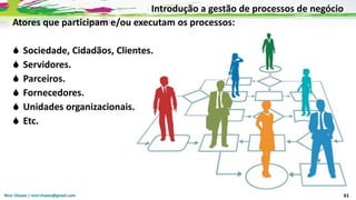 Nicir Chaves | nicir.chaves@gmail.com 61
Atores que participam e/ou executam os processos:
 Sociedade, Cidadãos, Clientes.
 Servidores.
 Parceiros.
 Fornecedores.
 Unidades organizacionais.
 Etc.
Introdução a gestão de processos de negócio
 