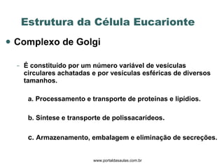 Complexo de Golgi É constituído por um número variável de vesículas circulares achatadas e por vesículas esféricas de diversos tamanhos. a. Processamento e transporte de proteínas e lipídios.  b. Síntese e transporte de polissacarídeos .   c.  Armazenamento, embalagem e eliminação de secreções. Estrutura da Célula Eucarionte  www.portaldasaulas.com.br 