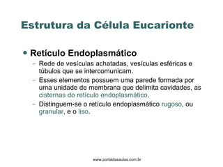Retículo Endoplasmático   Rede de vesículas achatadas, vesículas esféricas e túbulos que se intercomunicam. Esses elementos possuem uma parede formada por uma unidade de membrana que delimita cavidades, as  cisternas do retículo endoplasmático . Distinguem-se o retículo endoplasmático  rugoso , ou  granular , e o  liso .  Estrutura da Célula Eucarionte  www.portaldasaulas.com.br 