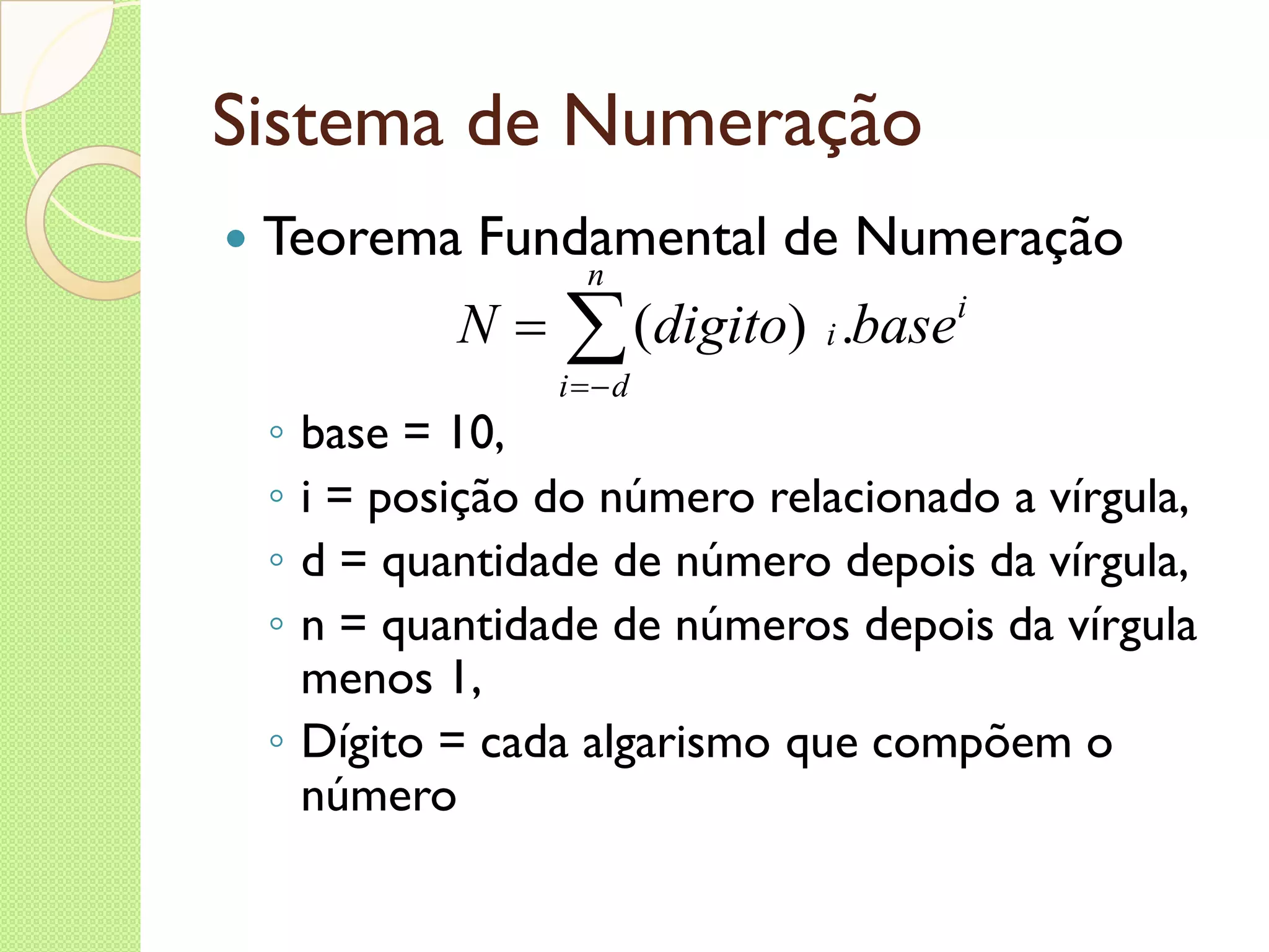 Sistema de Numeração Teorema Fundamental de Numeração base = 10, i = posição do número relacionado a vírgula, d = quantidade de número depois da vírgula, n = quantidade de números depois da vírgula menos 1, Dígito = cada algarismo que compõem o número 