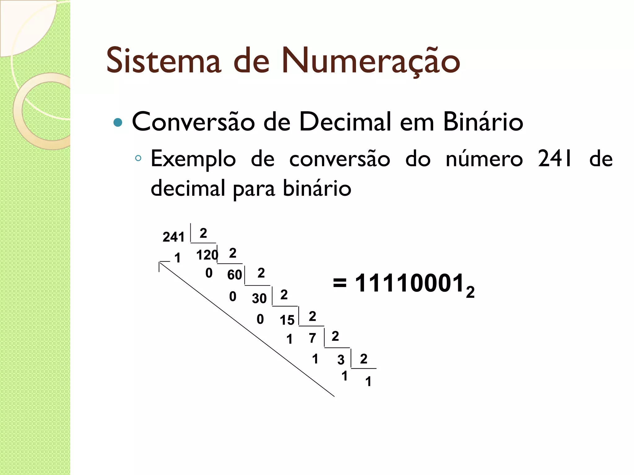 Sistema de Numeração Conversão de Decimal em Binário Exemplo de conversão do número 241 de decimal para binário 