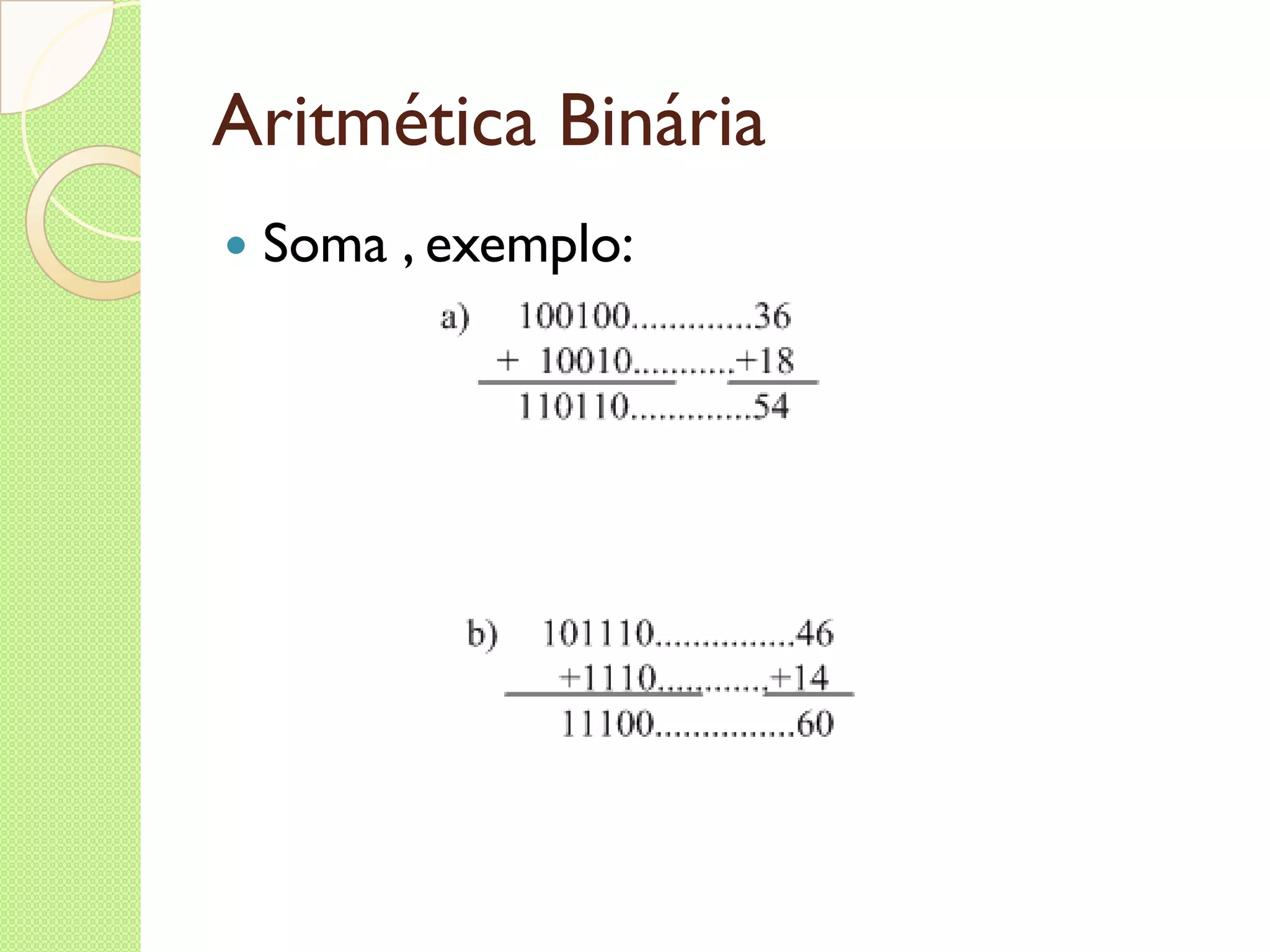 Aritmética Binária Soma , exemplo: 