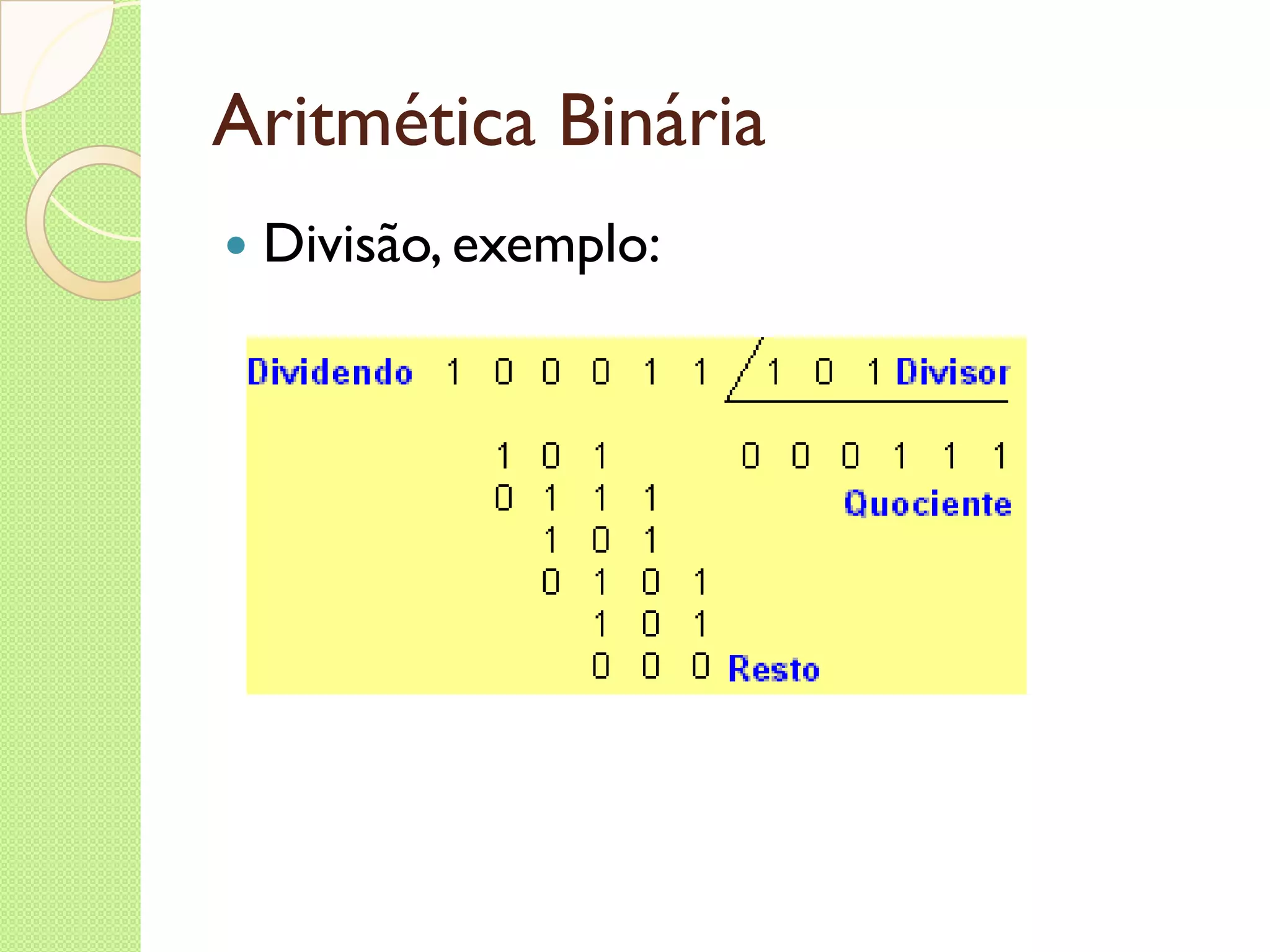 Aritmética Binária Divisão, exemplo: 