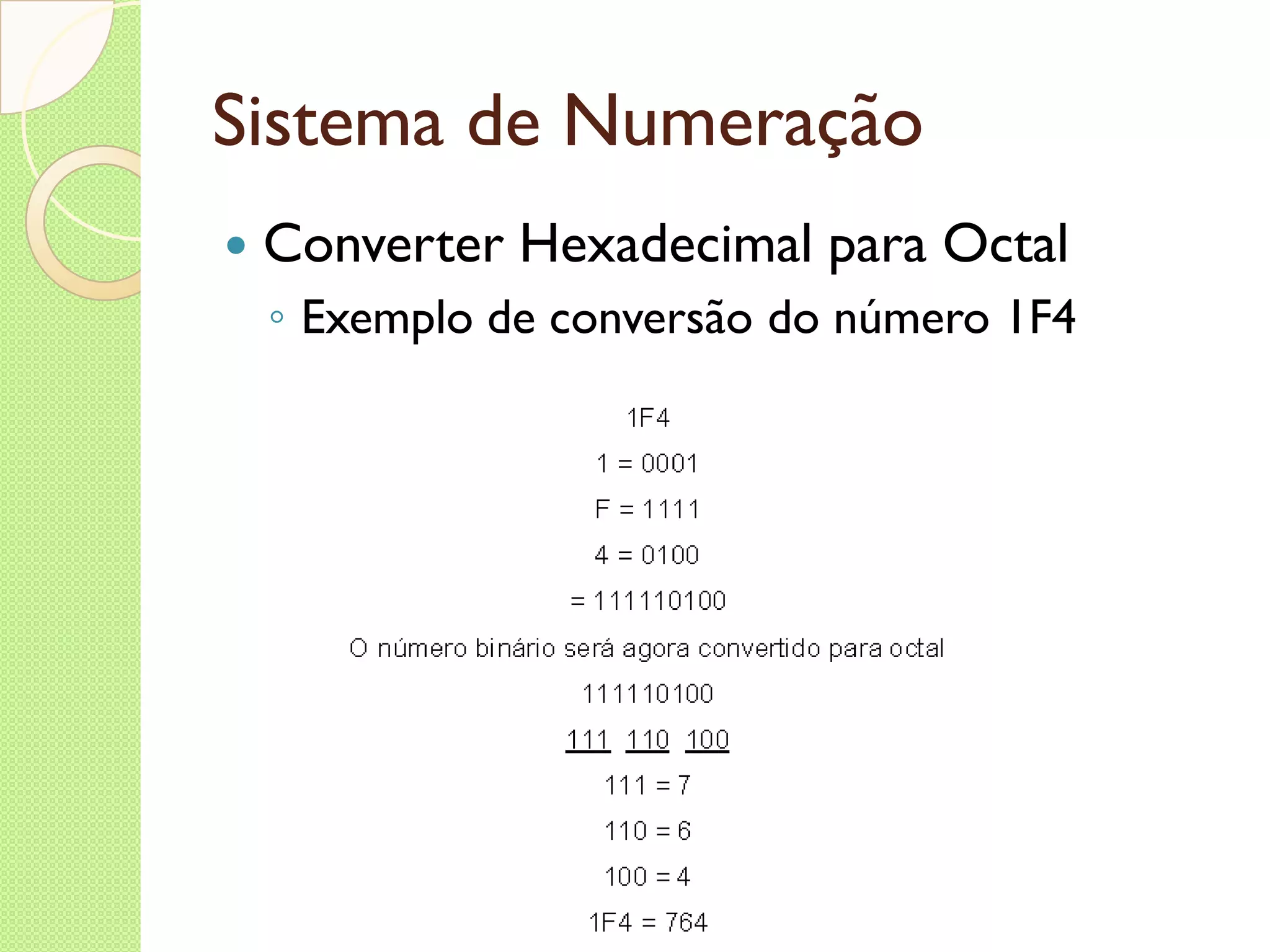 Sistema de Numeração Converter Hexadecimal para Octal Exemplo de conversão do número 1F4 