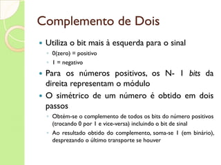 Complemento de Um Vantagem de possuir faixa simétrica Para oito  bits  a faixa é: - 127 <= X <= +127 Para dezesseis  bits  a faixa é: - 32767 <= X <= + 32767 Para dezesseis  bits  a faixa é: - 2147483647 <= X <= + 2147483647 Inconveniência: 2 representações para o número 0. Para 8  bits  o 0 tem as seguintes representações: 00000000 (+0) 10000000 (-0) 