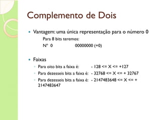 Complemento de Dois Utiliza o bit mais à esquerda para o sinal 0(zero) = positivo 1 = negativo Para os números positivos, os N- 1  bits  da direita representam o módulo O simétrico de um número é obtido em dois passos Obtém-se o complemento de todos os bits do número positivos (trocando 0 por 1 e vice-versa) incluindo o bit de sinal Ao resultado obtido do complemento, soma-se 1 (em binário), desprezando o último transporte se houver 