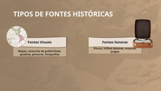 TIPOS DE FONTES HISTÓRICAS
Mapas, anúncios de publicidade,
quadros, pinturas, fotografias
Fontes Visuais
Discos, trilhas sonoras, músicas,
jingles
Fontes Sonoras
 
